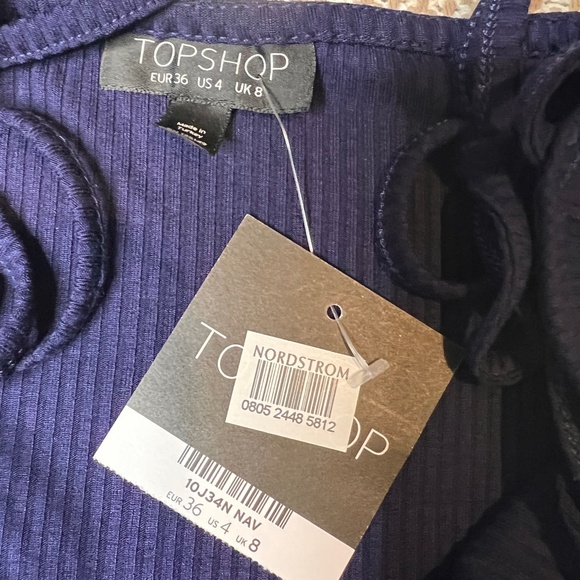 Topshop Navy Blue Button Front Tie Straps Mini Dress Size 4 - Picture 8 of 11